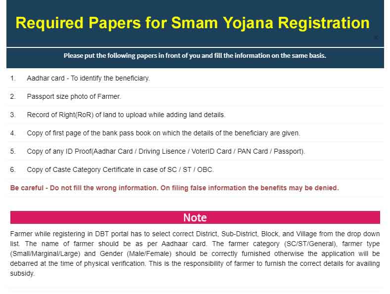 Required Papers for Smam Yojana Registration