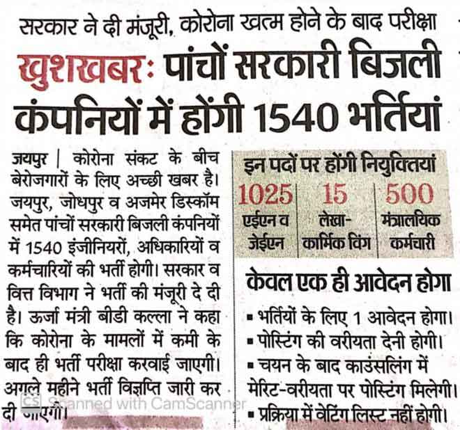 Rajasthan Bijali Vibhag 1540 Post News