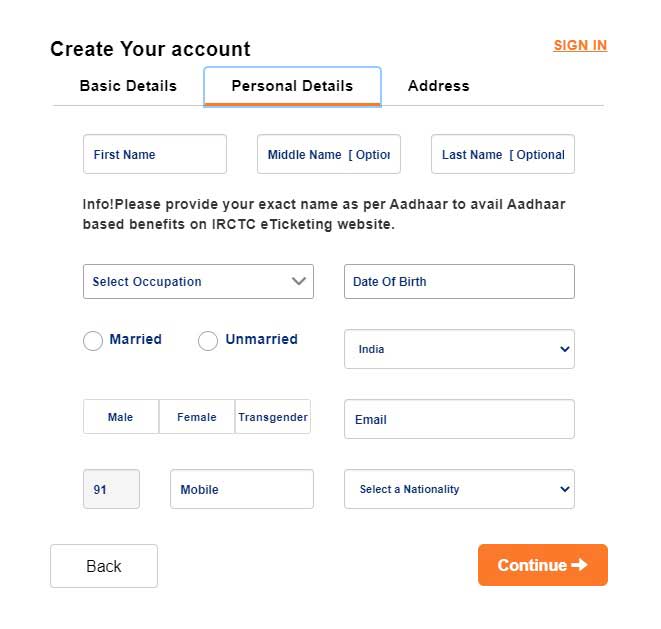 For registration on irctc website user fill here Personal details